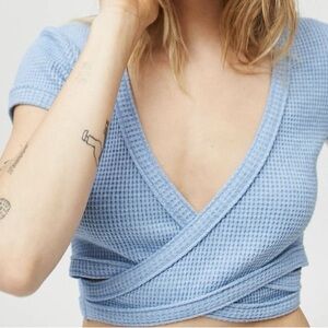 Urban Outfitter Blue Wrap Waffle Knit Crop Top